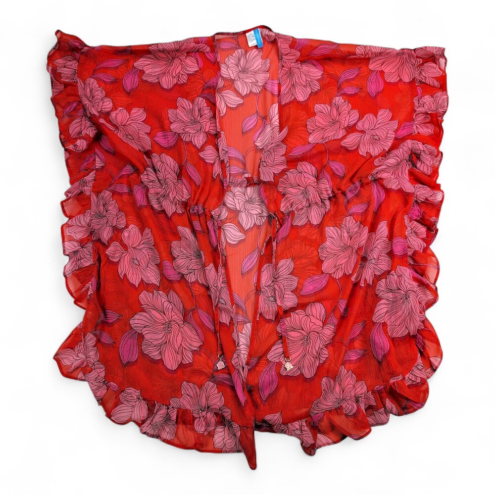 Draper James Sheer Floral Ruffle Tie-Front Tunic Top M‎